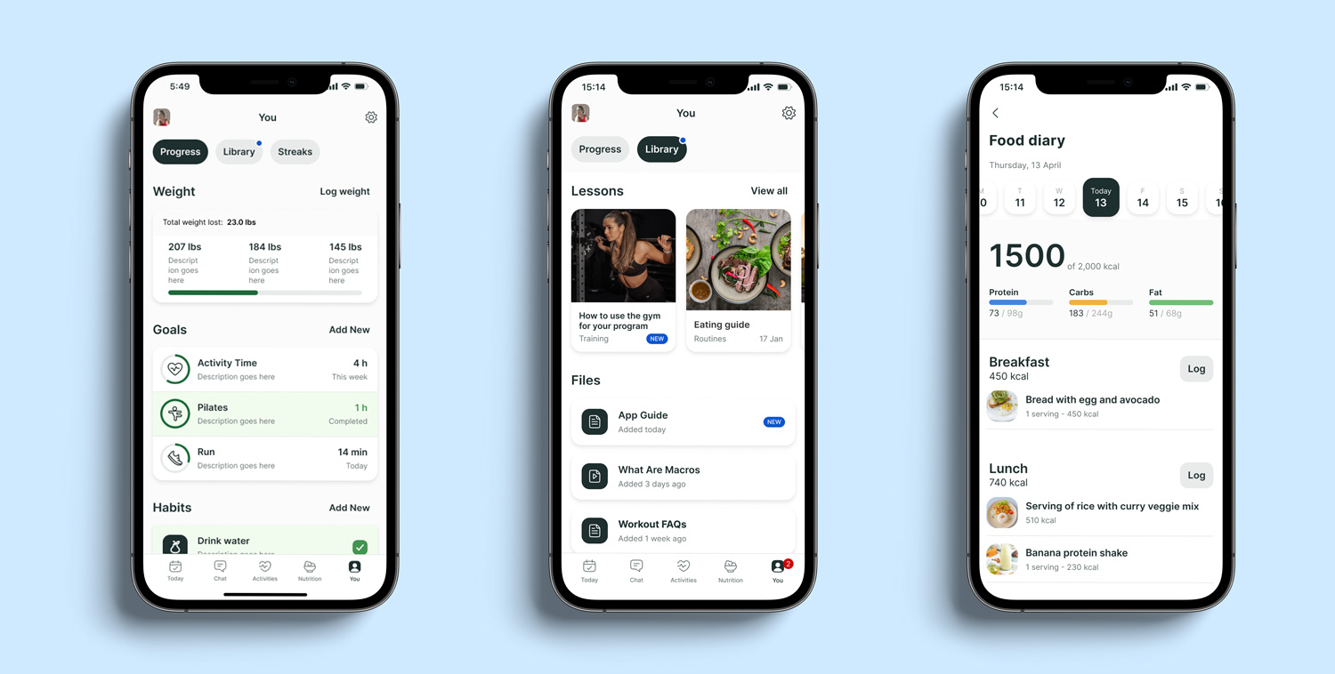 A mockup of the coaching app showcasing the different features.